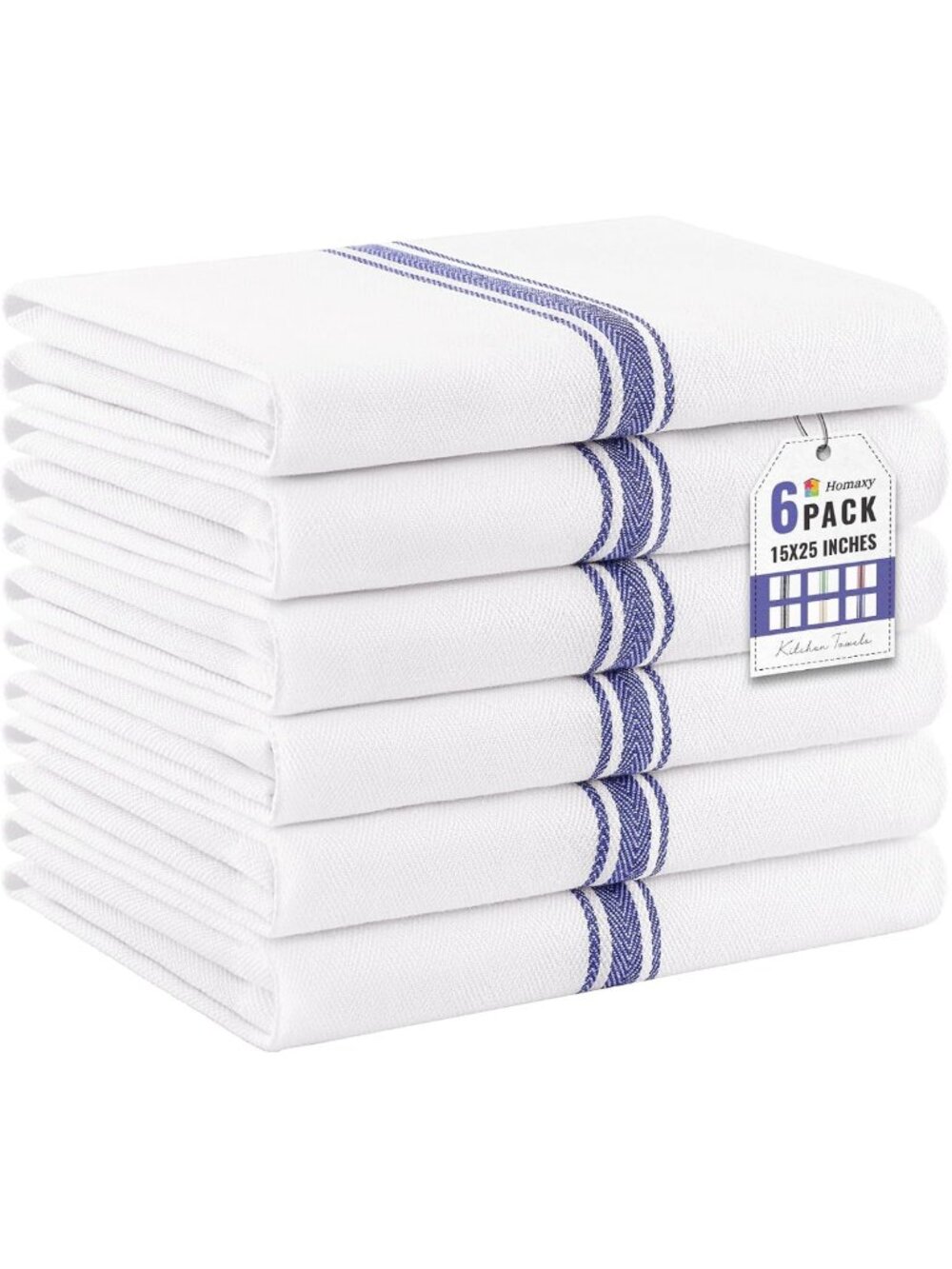 100% Cotton Kitchen Towels Set of 6 - Blue Stripe, Absorbent & Durable